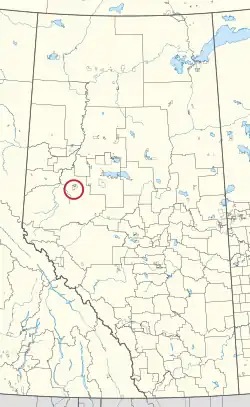 A map of the province of Alberta showing 80 counties and 145 small Indian reserves. One is highlighted with a red circle.