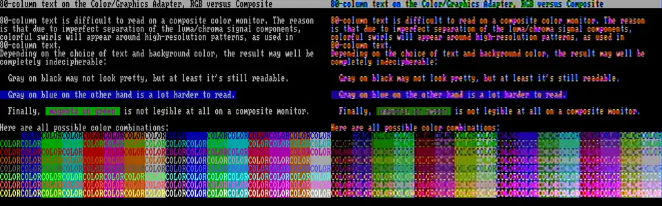 CGA 80-column text (left: RGB, right: composite monitor)