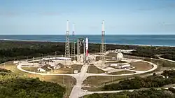 An aerial view of SLC-41 with its crew access tower and arm prior to the first launch of Vulcan Centaur carrying Peregrine Mission One