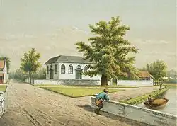 Litography from circa 1881–1889, west elevation of the church viewed from the Jassenbrug bridge crossing the city moats (Stadsbuitengracht). By Josias Cornelis Rappard.