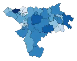 Map of Conservative vote share, concentrated in rural seats and some suburbs.