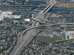 Complex T interchange of SR 85 and SR 87 in San Jose, California. 37°15′21″N 121°51′32″W / 37.255721°N 121.858878°W / 37.255721; -121.858878