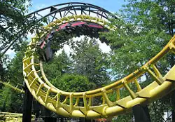 A view of the Canobie Corkscrew roller coaster