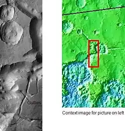 Wide view of huge canyons in Aureum Chaos, as seen by THEMIS. Gullies are rare at this latitude. Image from Margaritifer Sinus quadrangle.