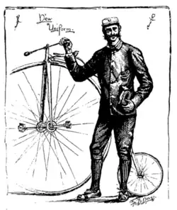 A drawing of a man in an old-fashioned cycling uniform standing next to a penny-farthing bicycle