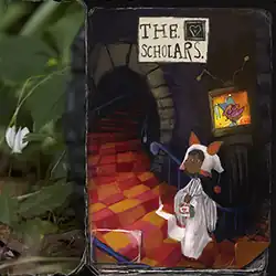 Diptych photo with nature photograph of leaves and a white flower on the left, with a drawing of the album's main character, Rosa, wearing a white gown on a checkered staircase under the album title, on the left.