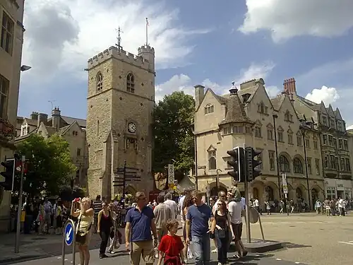 Carfax Tower at Carfax, the junction of the High Street, Queen Street, Cornmarket and St Aldate's streets, considered by many to be the centre of the city