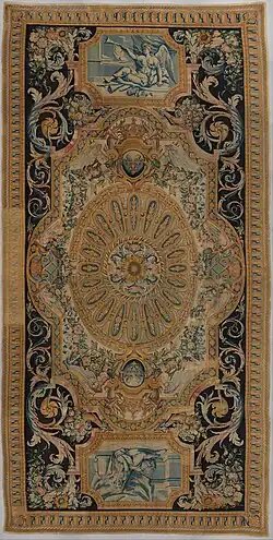 Baroque foliage volutes on a carpet with fame and fortitude, by the Savonnerie manufactory, 1668–1685, knotted and cut wool pile, woven with about 90 knots per square inch, Metropolitan Museum of Art