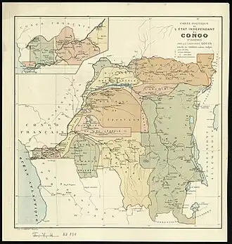 Non-dated (though from 1894 at the earliest, due to the existence of the Lado Enclave) French-language map of the Congo Free State and its subdivisions. Note also the overestimation of Lake Bangwelu's size, which in reality does not come into contact with the so-called "Congo Pedicle".