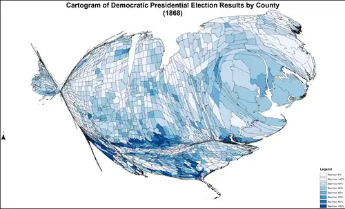 Cartogram of Democratic presidential election results by county