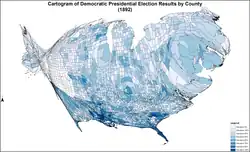 Cartogram of Democratic presidential election results by county