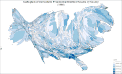 Cartogram of Democratic presidential election results by county