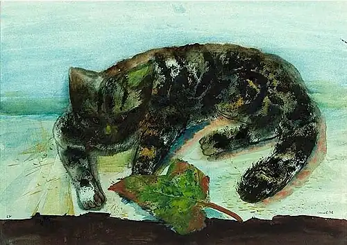 Lying Cat with Maple Leaf