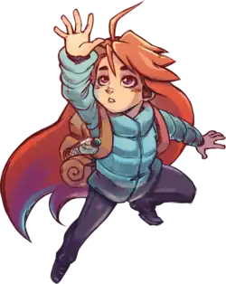 Madeline, a young woman with long bright red hair, wearing a backpack and blue vest, reaches upward with her right hand.
