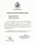 Certificate of Appreciation for securing GI certification for Nayagarh Kanteimundi brinjal.