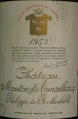 Detail of a label of then named Château Mouton d'Armailhacq Philippe de Rothschild of the 1953 vintage