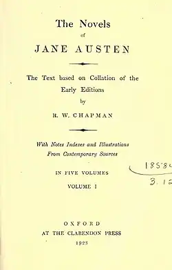 Title page reads "The Novels of Jane Austen, The Text based on Collation of the Early Editions by R. W. Chapman, With Notes Indexes and Illustrations from Contemporary Sources, In Five Volumes, Volume I, Oxford, At the Clarendon Press, 1923