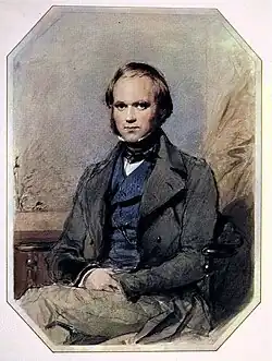 Three-quarter-length portrait of Charles Darwin aged about 30, with straight brown hair receding from his high forehead and long side-whiskers, smiling quietly, in wide lapelled jacket, waistcoat and high collar with cravat