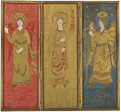Charles Prendergast, Three-Panel Screen (back), c. 1916-1917, oil and gold leaf on gessoed wood, each panel, 75 x 27¼ in, private collection.[12]