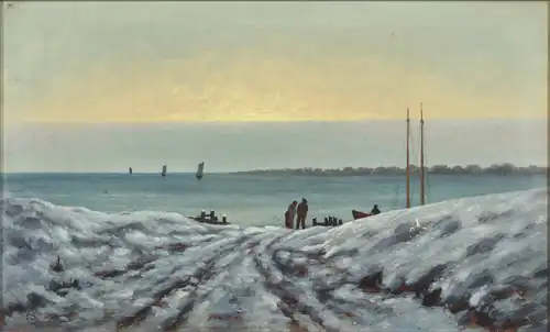 Kystparti med personer, vinter, oil on canvas