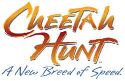 A script text "Cheetah Hunt" in yellow gradient, with blue outlining the bottom of each letter, creating depth. The word "Cheetah" features the yellow gradient fading into a darker hue of red, with the word "Hunt" in the reverse order. Beneath the main logo has italic text reading "A New Breed of Speed" in blue.