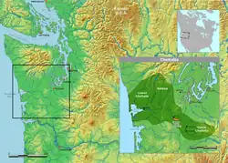 Lower Chehalis and Upper Chehalis traditional territories, with the Chehalis Reservation highlighted in orange