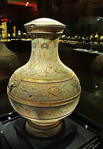 A painted pottery pot coloured with Han blue from the Han dynasty in China (206 BC to AD 220).