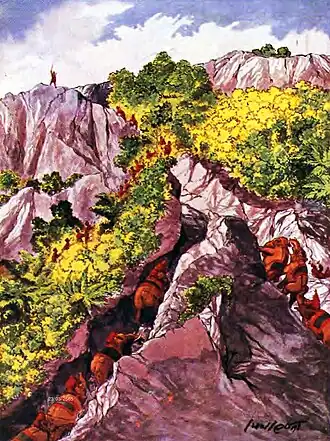 The advance of the Siamese elephant-mounted forces along the Banthat Range, painted by Hem Vejakorn.