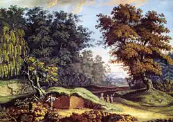 Stone and wooden towers at the Roman fortifications called the Odenwaldlimes, watercolour, around 1800.