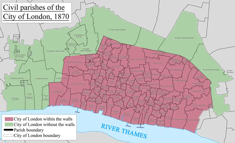 Bishopsgate Without served by a single coterminous parish, with Bishopsgate Within formerly served by five