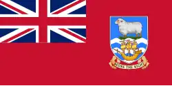 Red Ensign with Union Flag in the canton and the Falkland Islands coat of arms in the fly.