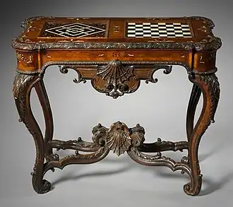 An early games table desk (Germany, 1735) featuring chess/draughts (right) and nine men's morris (left)