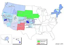 A map highlighting, in various colors and patterns, most of the states of Alaska, Arizona, California, Colorado, Connecticut, Hawaii, Idaho, Kansas, Maine, Massachusetts, Montana, Nevada, New Hampshire, New Jersey, New Mexico, New York, Oklahoma, Oregon, Rhode Island, Utah, Vermont, Washington, North Dakota, and Wyoming.