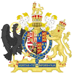 Shield bearing many quarterings held between a black eagle and a lion and surmounted by a crowned helm