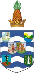 Coat of arms of the British Leeward Islands (1909–1940), with the top-left shield representing Antigua