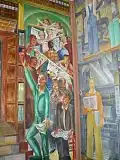 Headlines in the newspapers discuss current events, including the creating of the murals., (Bernard Zakheim, Library 7 )