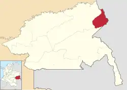 Location of the municipality and town of Cacahual in the Guainía Department of Colombia. It is located at 3° 8' 2" North, 67° 46' 32" West.