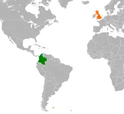Map indicating locations of United Kingdom and Colombia