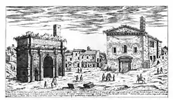 Arch of Septimus Severus with medieval fortification of 'Claustrum Cimini' including a tower still visible