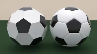 On the left is shape consisting of perfectly flat pentagons and hexagons. The hexagons are coloured white; the pentagons black. On the right is a football; it is of the same basic design, but the pentagons and hexagons are curved to form a smoother sphere.