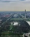 Aerial photograph of Constitution Gardens from above the Potomac River.