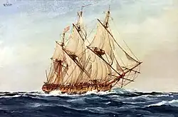 A a painting of a three masted ship, its sails full of wind