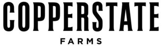 Logo of Copperstate Farms. Black text on clear background in stencil-like font: Copperstate Farms