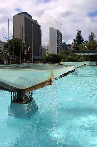 Ornamental fountains in the forecourt of the building, restored in the 1990s refurbishment
