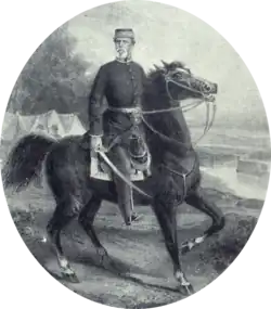 Lithograph depicting a man wearing a military kepi and frock coat with sword in hand and mounted on a black horse