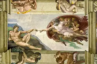 Image 50The Creation of Adam is one of the scenes on the ceiling of the Sistine Chapel of the Vatican, painted by Michelangelo sometime between 1508 and 1512. (from Culture of Italy)