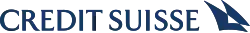 Blue words "Credit Suisse", with two overlapping solid-blue sails. The overlapping part is white.