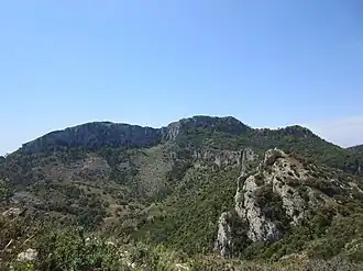 View of 942 m high Xàquera or La Creu de Santos, the highest summit of the range