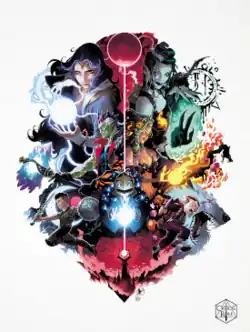 The main characters arranged in a diamond shape with characters towards the top larger than the characters towards the bottom or sides. Standing back to back at the top are Imogen, holding a glowing ball of magic, and Laudna, also casting but with her right hand glowing black and green. Back to back directly below are Ashton, wielding their crystal battleaxe, and Fearne, casting fire magic. In the middle directly below them is Fresh Cut Grass with a glowing orb between their hands. To the right of them is Chetney who is leaping with a dagger with a large werewolf head behind him and to the left of them is Orym who is similarly launching himself with sword and shield in hand. At the bottom is the red glowing Malleus Key which is shooting a direct line to the top of the poster dividing the poster in half but the line goes behind FCG; the line connects to the red moon Ruidus at the top of the poster. The Critical Role logo is at the bottom right of the poster.