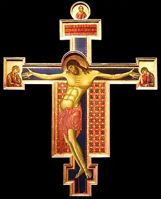 Crucifix; by Cimabue; circa 1285; tempera on panel; 4.29 x 3.83 m; San Domenico (Arezzo, Italy)[35]